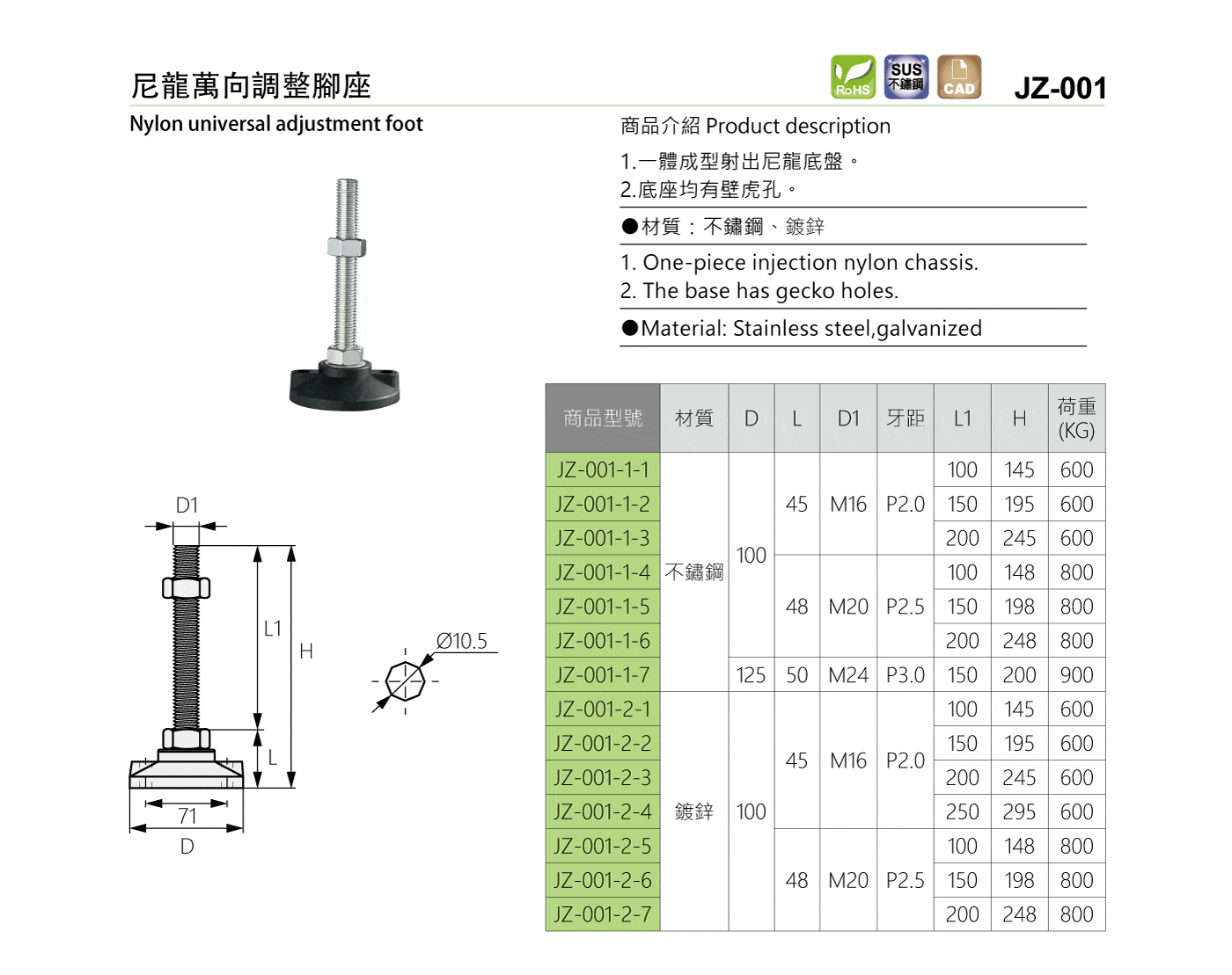 JZ-001 尼龍萬向調整腳座