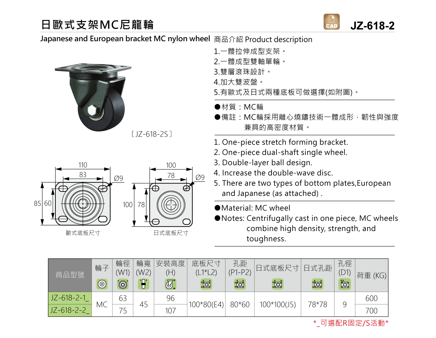 JZ-618-2 日歐式支架MC尼龍輪