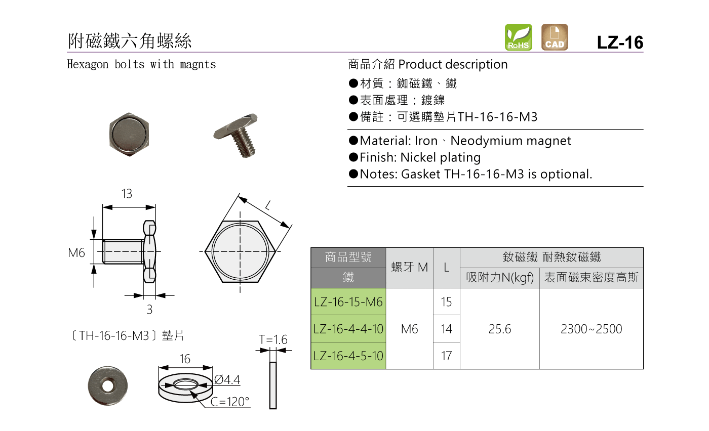 LZ-16 附磁鐵六角螺絲