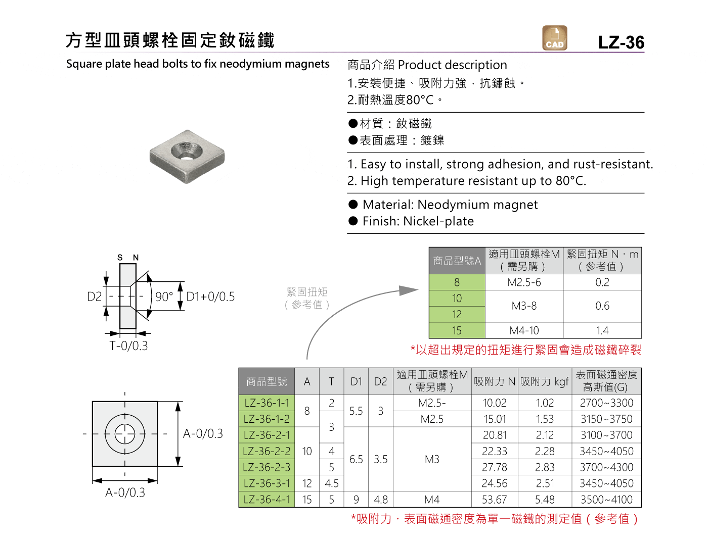 LZ-36 方型皿頭螺栓固定釹磁鐵