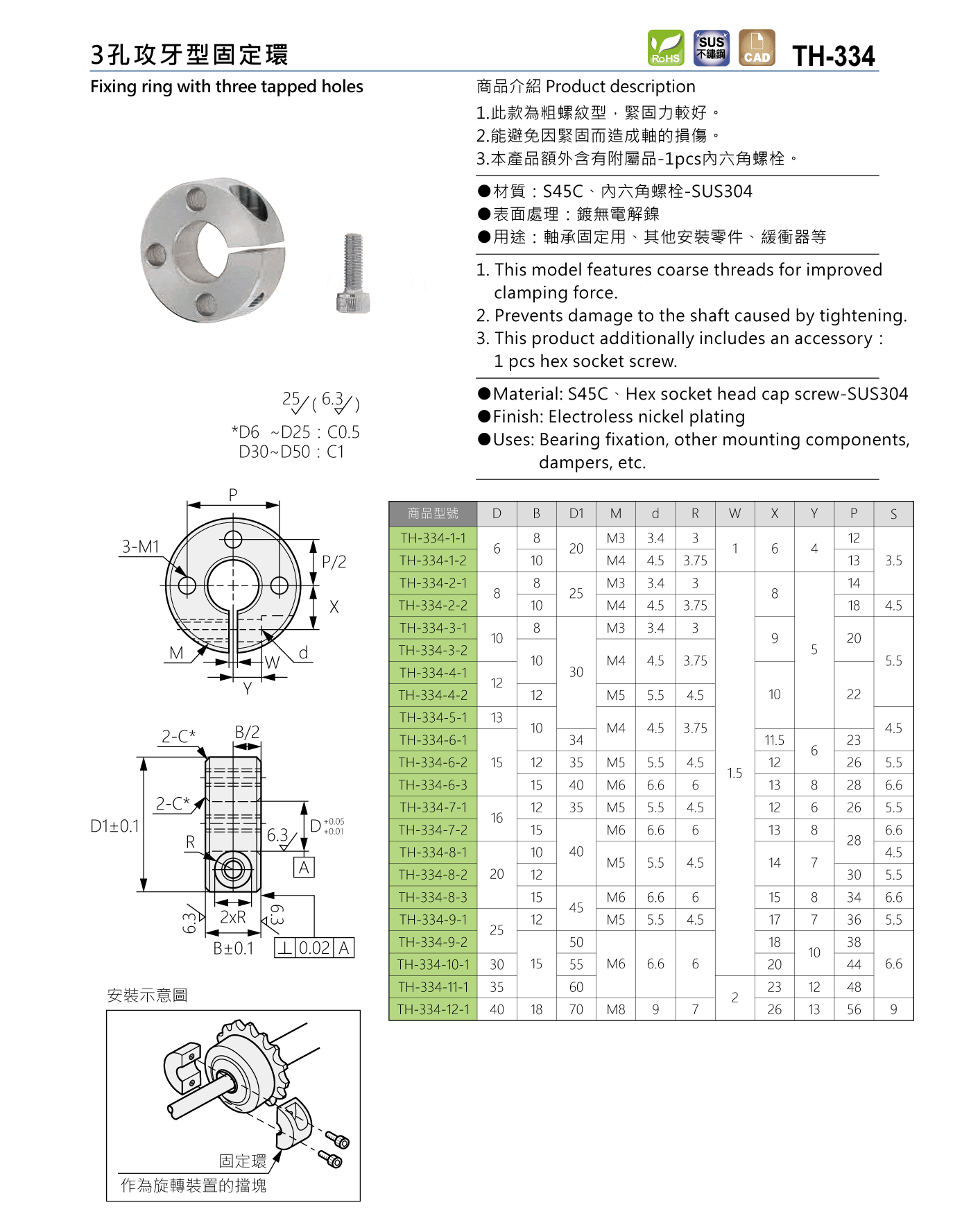 TH-334 3孔攻牙型固定環
